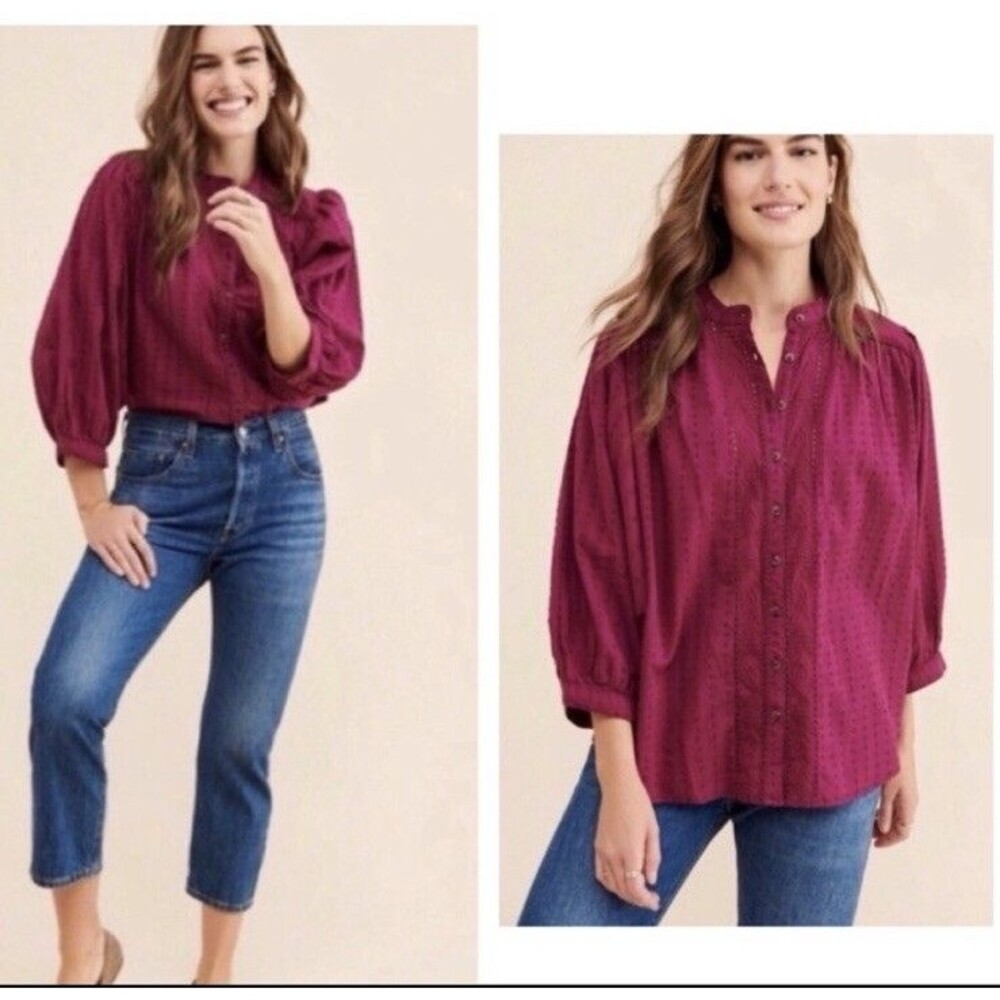 Pilcro Anthropologie Tavi Blouse Large Purple Eyelet Balloon Sleeve Cottage Boho